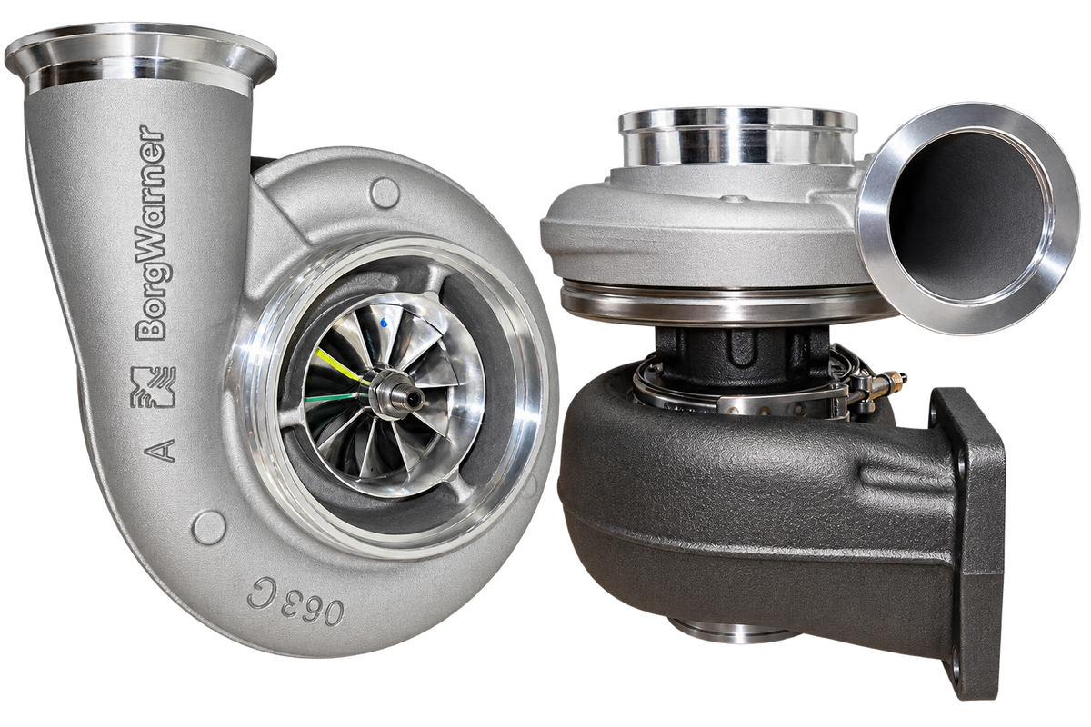 BorgWarner AirWerks S400SX-E 14969880029 turbocharger front and side views