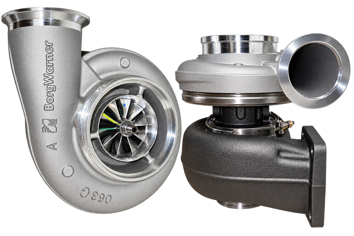 BorgWarner AirWerks S400SX-E 14969880029 turbocharger front and side views